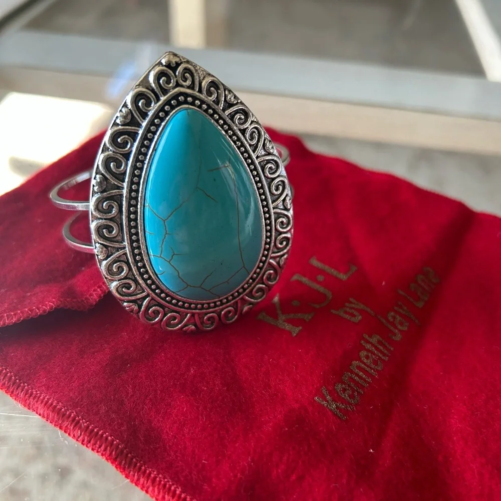 Vintage Kenneth Jay Lane Turquoise  Teardrop Stone Silver-Tone Cuff Bracelet - Picture 4 of 8